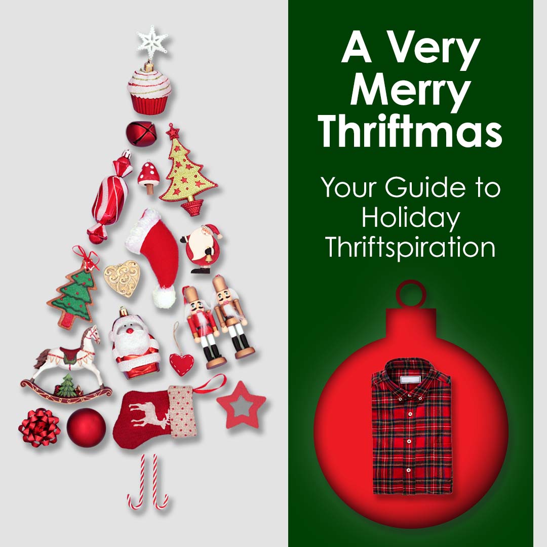 A Very Merry Thriftmas Guide with ornaments displayed in tree shape