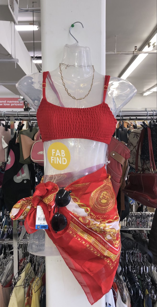 Red Bathing Suit Outfit with Sunglasses