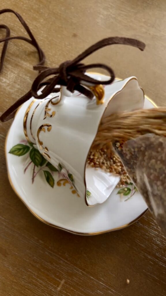 Filling tea cup with bird seed