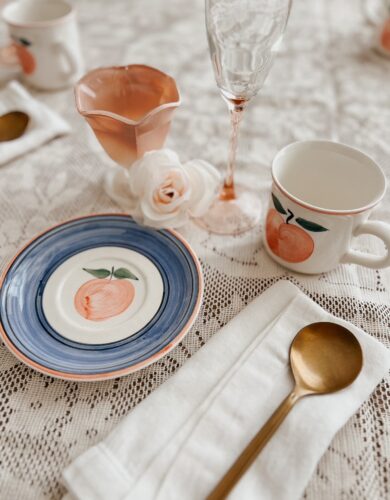 Peach theme thrifted cups mugs and cutlery