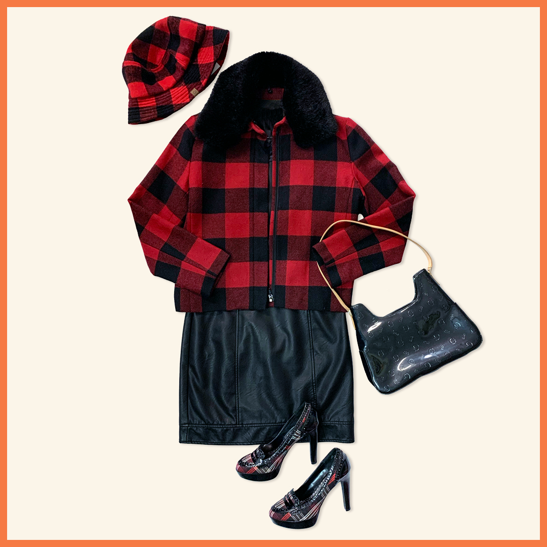 Emily in Paris DIY costume with red checkered hat and jacket and black skirt, shoes, and bag