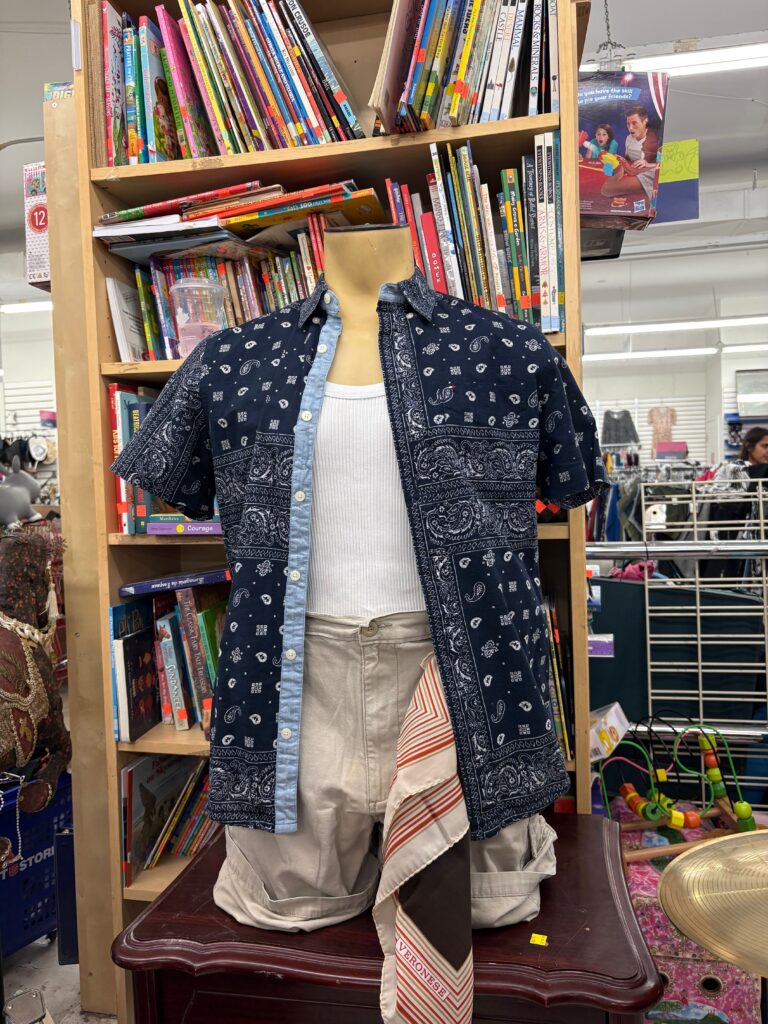 Back to school outfit bandana pattern short sleeve, white top tank, beige shorts, and scarf accessory