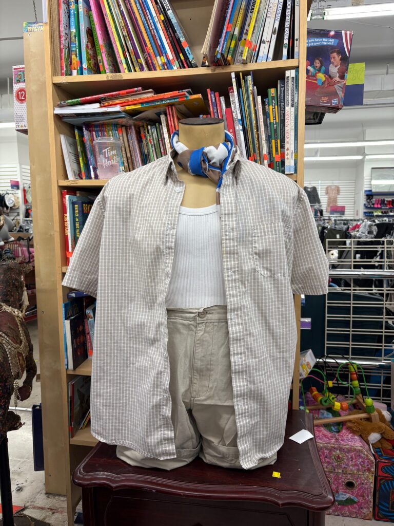 Back to school beige short sleeve shirt scarf accessory, white top tank, and beige shorts