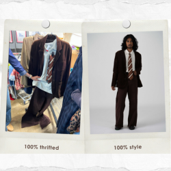 Photo of outfit hanging in Thrift Store beside photo of model wearing the outfit