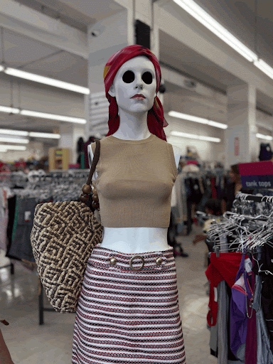back to school outfit red scarf on head, beige top, red and white striped skirt