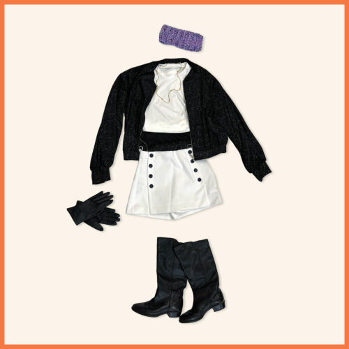 black jacket, white crop top, white shorts, knee high black boots, leather gloves, and purple headband