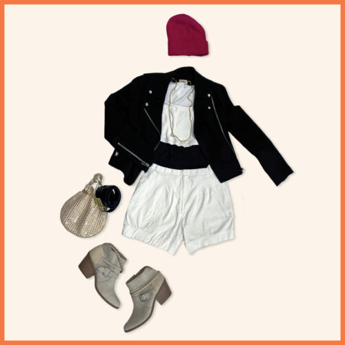 Black jacket, white crop top, white shorts, beige boot heels, pink beanie, and gold coin purse