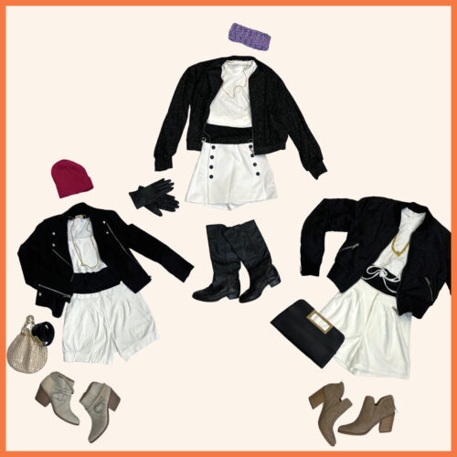 black jacket, white crop top, white shorts, beige heel outfit. 3 of these outfits with slight variations