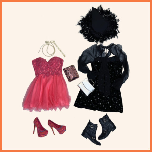 pink strapless dress, sparkly clutch and pink rhinestone heels. Another outfit black dress with sheer sleeves, a feathered witch hat and black boots.