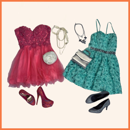 pink strapless dress, sparkly clutch and pink rhinestone heels. Another outfit green thin strap dress, necklaces, and silver heels