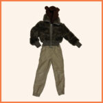 fuzzy bear ear hat, fuzzy brown jacket, and cargo pants