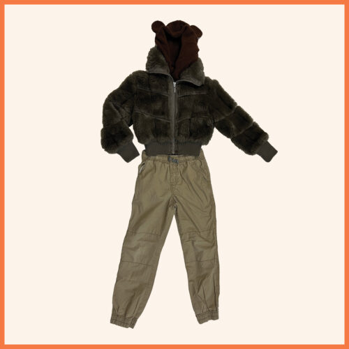 fuzzy bear ear hat, fuzzy brown jacket, and cargo pants