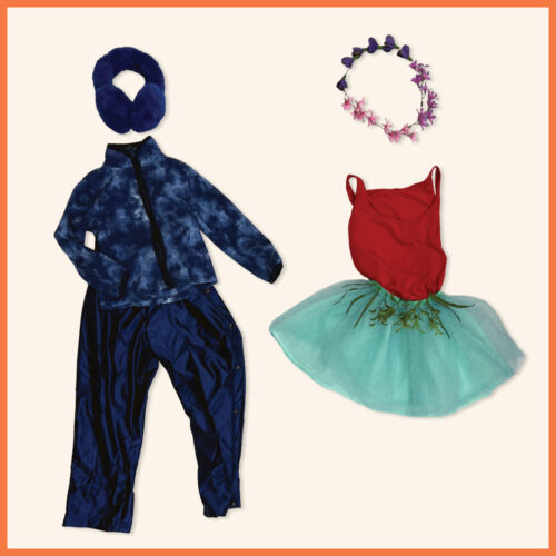 blue fuzzy jacket and blue plants with fuzzy earmuffs. Beside is a red tank top, green skirt, and flower crown.