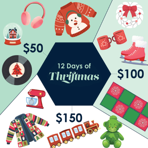 12 Days of Thriftmas Contest Graphic showing holiday items