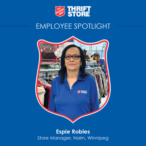 Headshot of salvation Army Thrift Store employee Espie with blue border